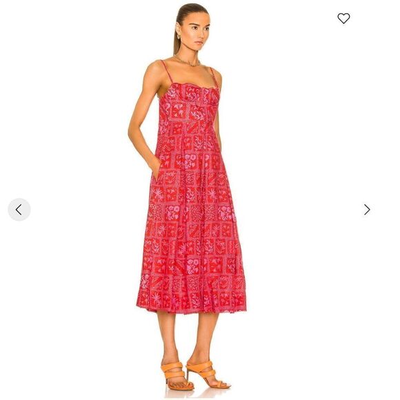 Agua Bendita Red Mambo Ipanema Escarlata Red Linen Printed Midi Summer Dress, XL - Picture 2 of 16